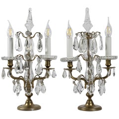 French Louis XVI Style, Pair of Gilt-Bronze and Cut-Crystal Girandole Lamps
