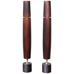 Vintage Pair of Ronson Modernist Exotic Hardwood Wenge Butane Varaflame Candlesticks