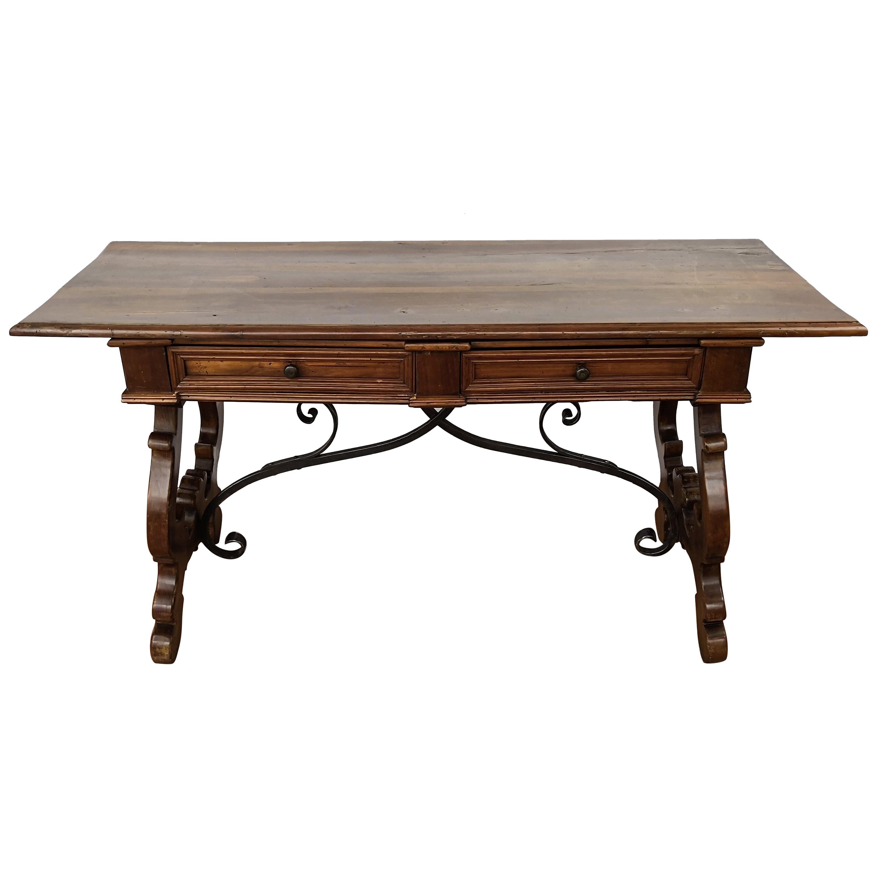 18th Century Solid Walnut Baroque Lyre-Leg Trestle Refectory Desk Writing Table