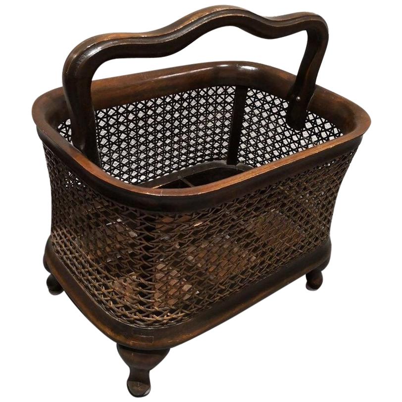 Chippendale Cane Dark Wood Antique Basket for Six Bottles