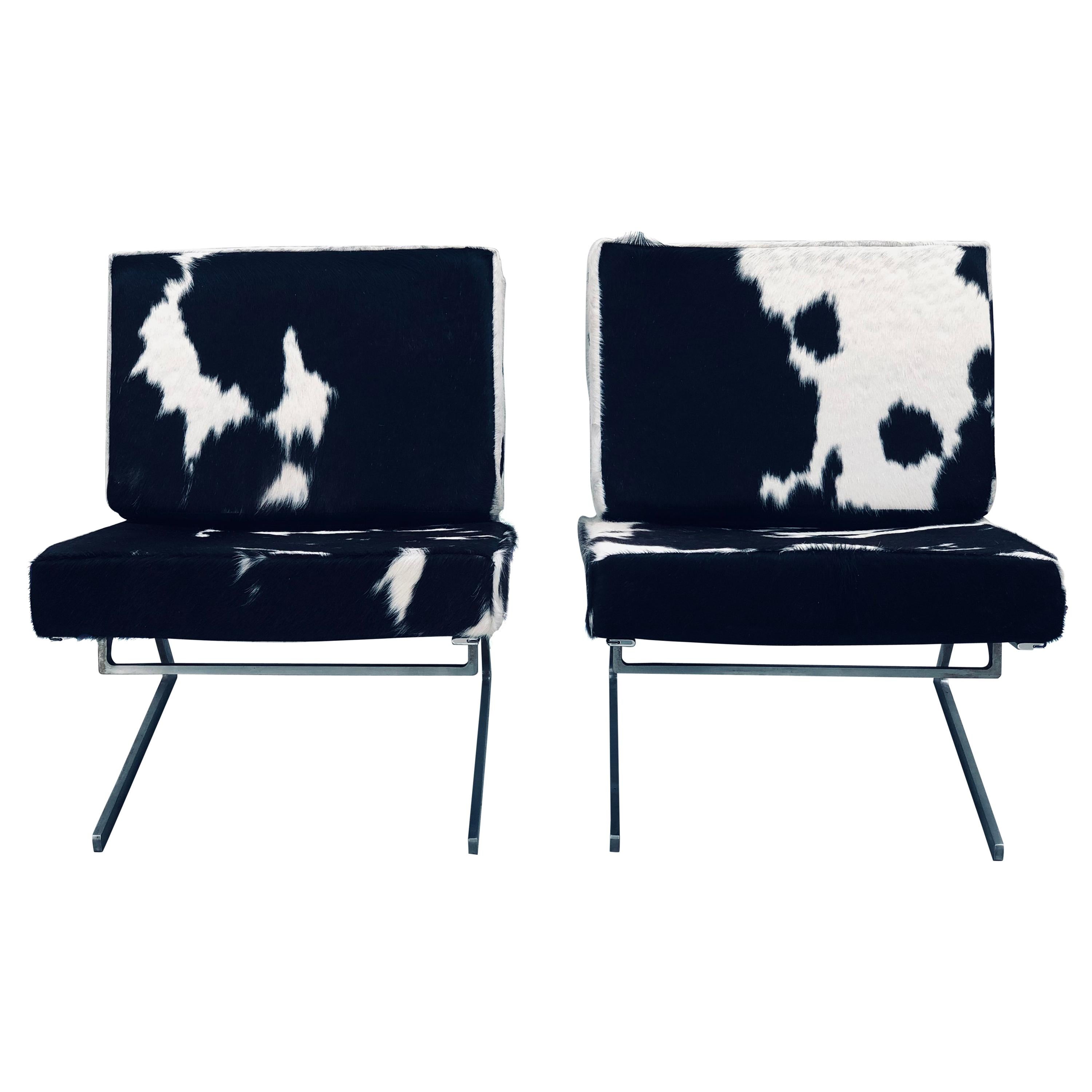 Pair of Stainless Steel and Cowhide Lounge Chairs