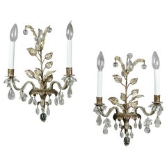 Paire d'Appliques en Métal Doré et Cristal de Bagues