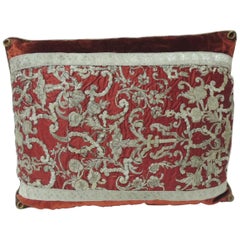 19th Century Metallic Threads Embroidery Lumbar Decorative Pillow
