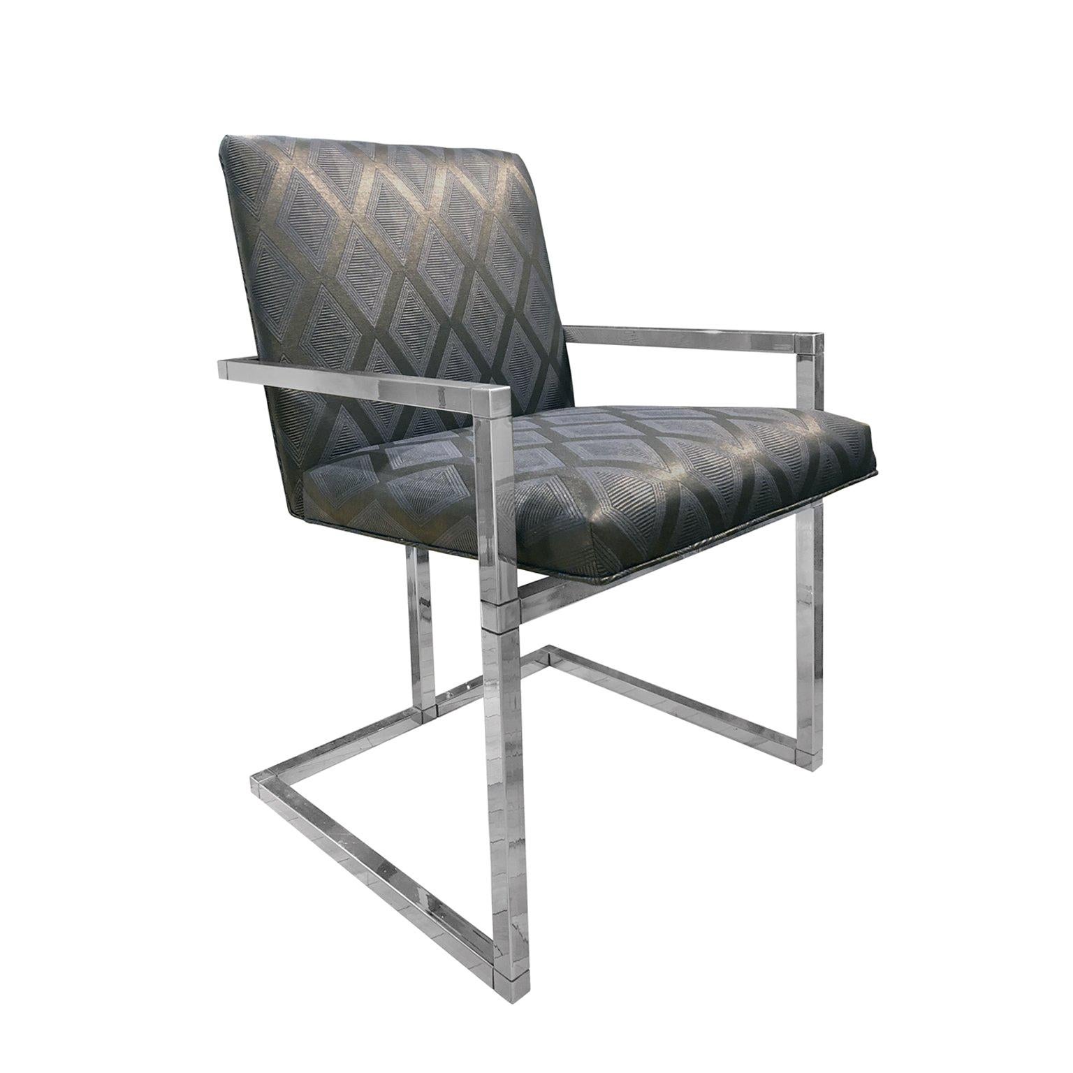 1970s Chrome Frame Dining Chair with Grey and Midnight Blue Upholstery For Sale