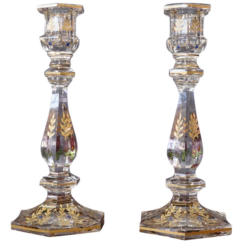 Pair of Glass Candle Sticks with Gold Etching of Flowers, circa 1900
