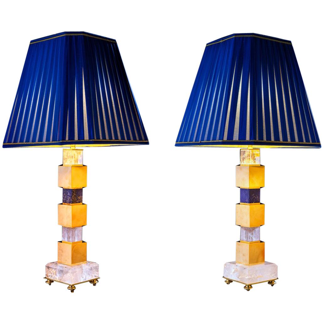 Rock Crystal and Lapis Lazuli Art Deco Style Pair of Lamps by Alexandre Vossion For Sale