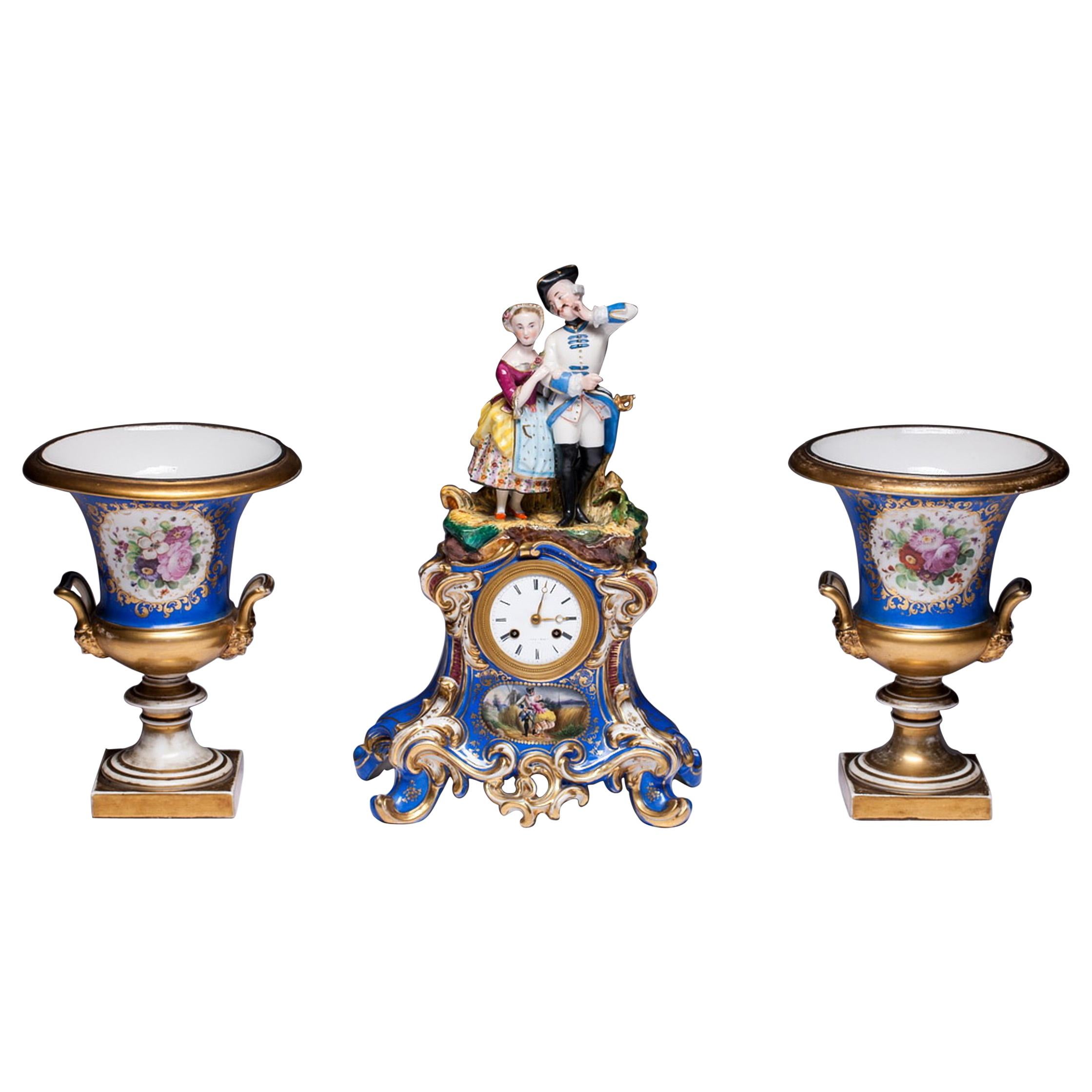 Three-Piece Old Paris Porcelain Mantel Clock Jacob Petit-Style