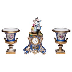 Three-Piece Old Paris Porcelain Mantel Clock Jacob Petit-Style