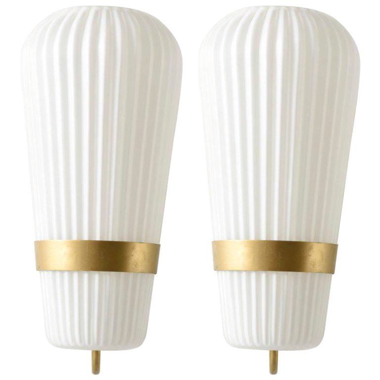Pair of Large Opal Ribbed Glass Wall Lights/Sconces Designed by Philips, 1950s