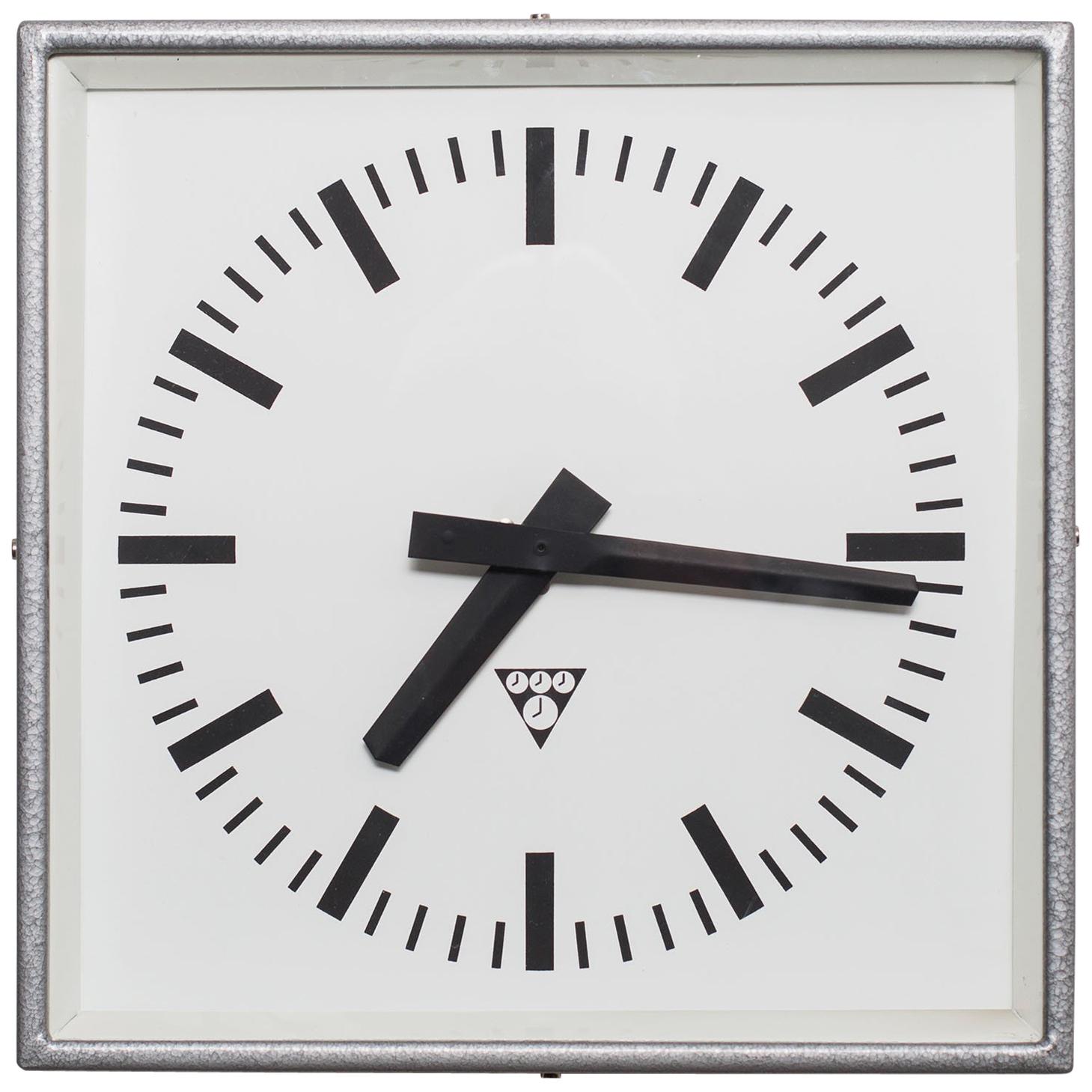 Silver-Gray Industrial Square Wall Clock by Pragotron, 1970s For Sale
