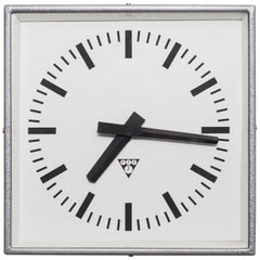 Vintage Silver-Gray Industrial Square Wall Clock by Pragotron, 1970s