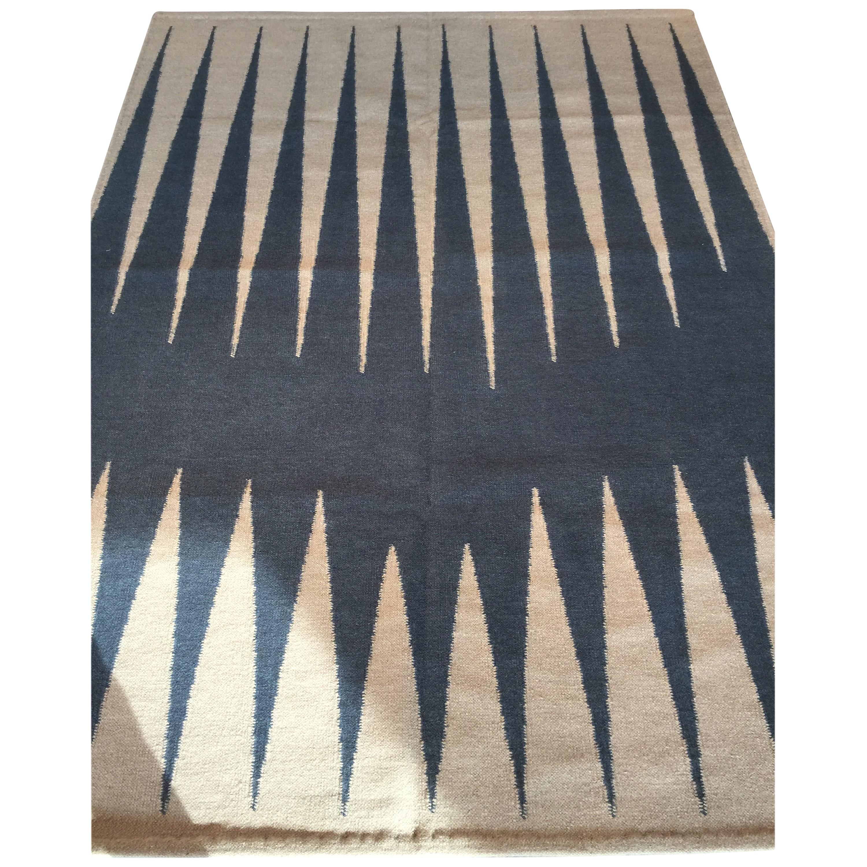Hand-Crafted Rug 31st October - Modern Dhurrie Carpet Geometric Blue/Brown Handloom Wool  For Sale