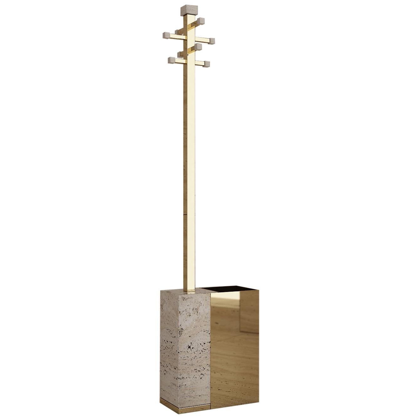 Hand Polished Brass, Travertine Coat Stand and Umbrella Holder Set For Sale