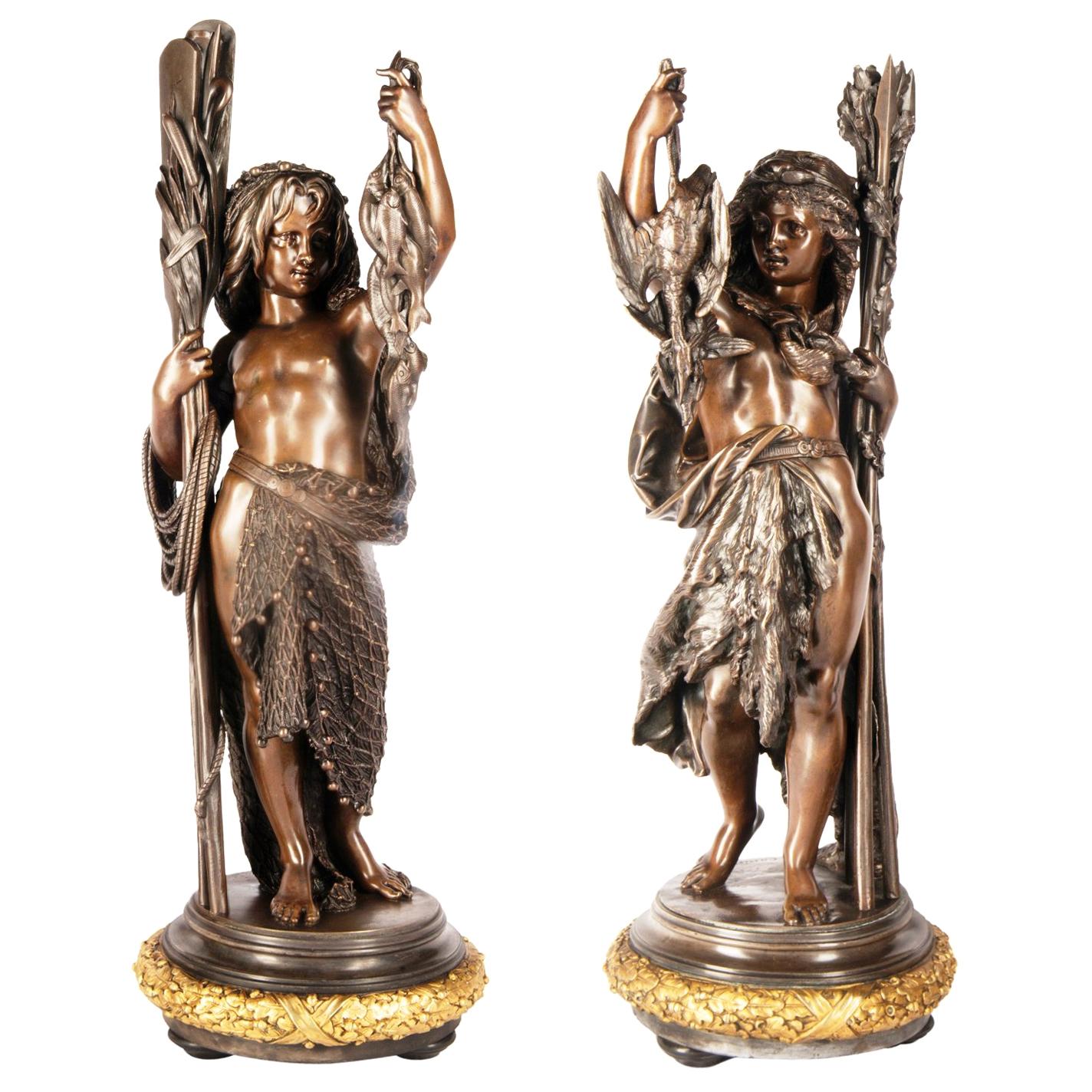 Bronze Figures by 'Carrier' of Hunting and Fishing, 19th Century
