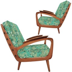 Dutch Modern Carved Armchairs with New Rubelli Silk Brocade Upholstery, 1950s
