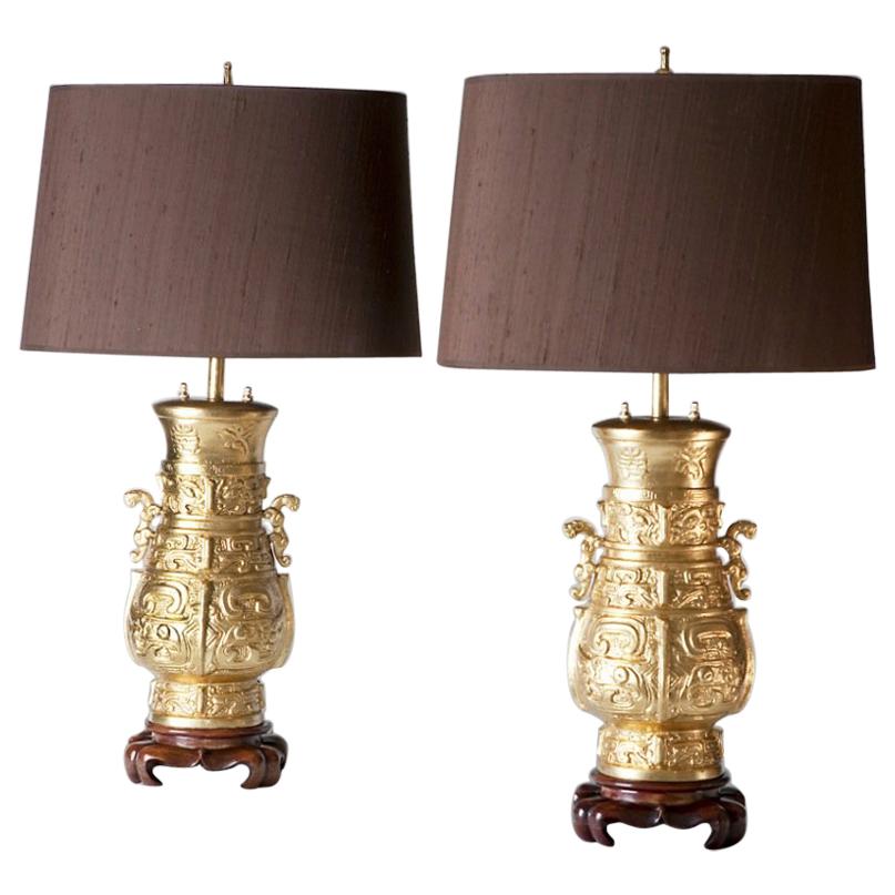 Pair of Gilded Bronze Lamps, on Wooden Bases, Shades in Brown Silk, 1970s