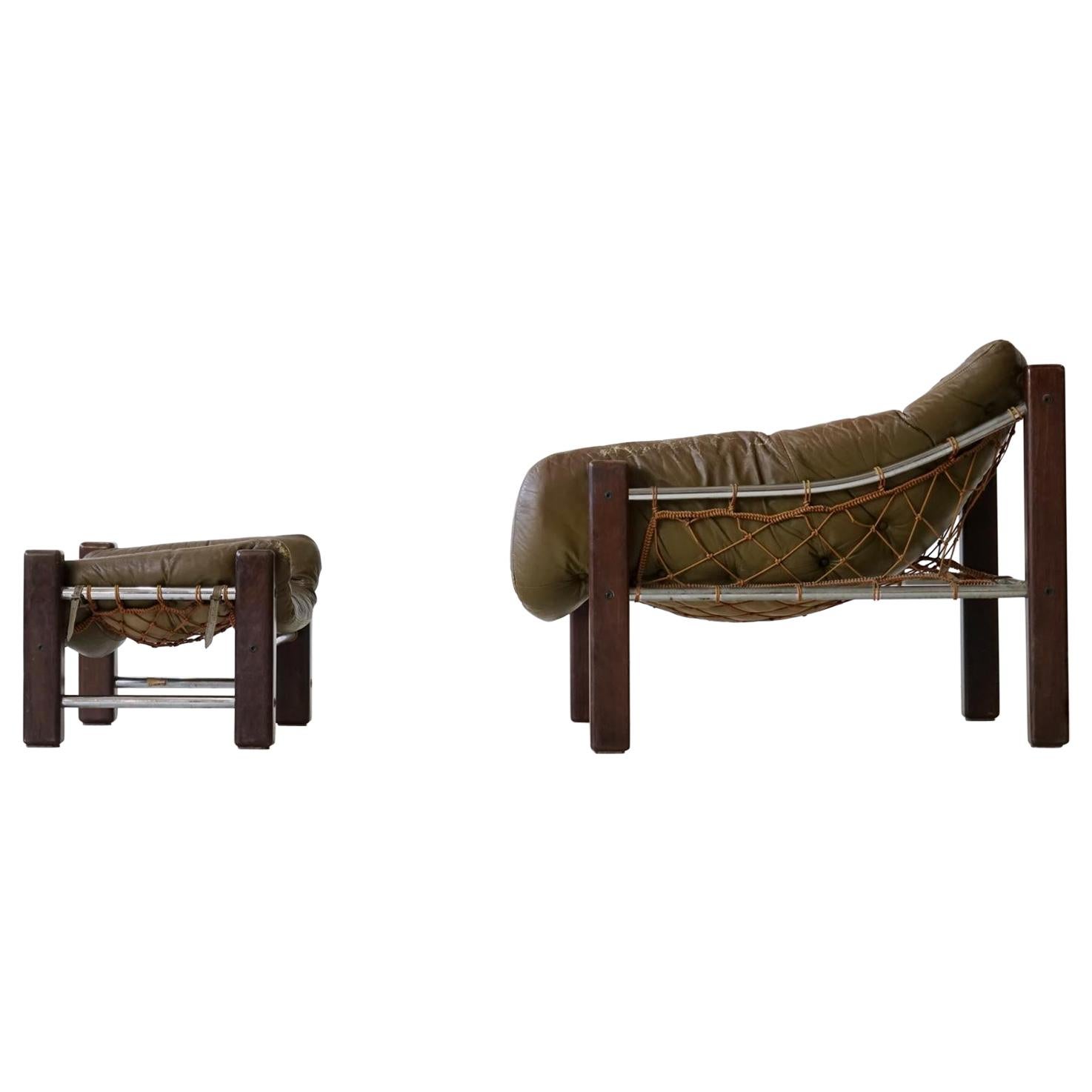 Captain Lounge Chair with Ottoman by Jean Gillon Brazilian Leather Armchair