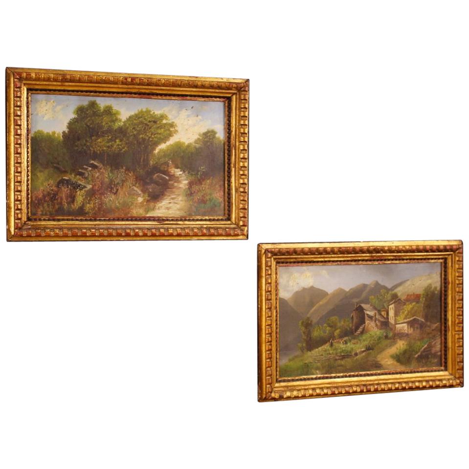 Pair of Italian paintings from 20th century. Frameworks oil on cardboard depicting countryside landscapes with characters in impressionist style, signed lower right / left. Small-sized paintings of pleasant decor with beautifully decorated carved