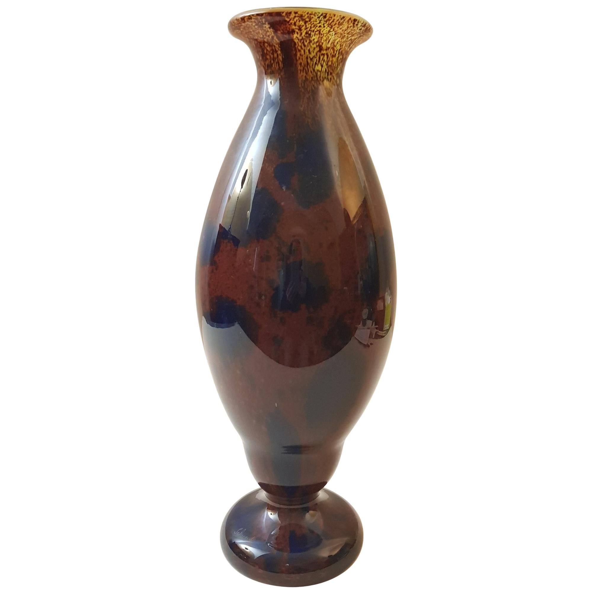 Schneider France Art Deco Jades Glass Blue Brown Orange Vase, 1927s