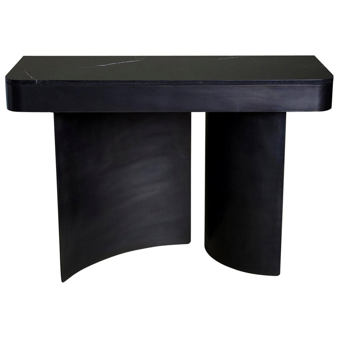 Crescent Console in Contemporary Blackened Steel with Black Marble Top For Sale