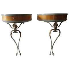 Pair of Art Deco Nightstands or Side Tables Sycomore and Wrought Iron