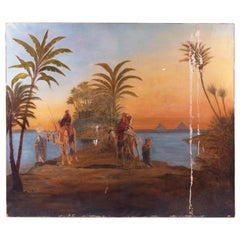 19th Century French Orientalist Oasis with Camels Oil on Canvas Painting