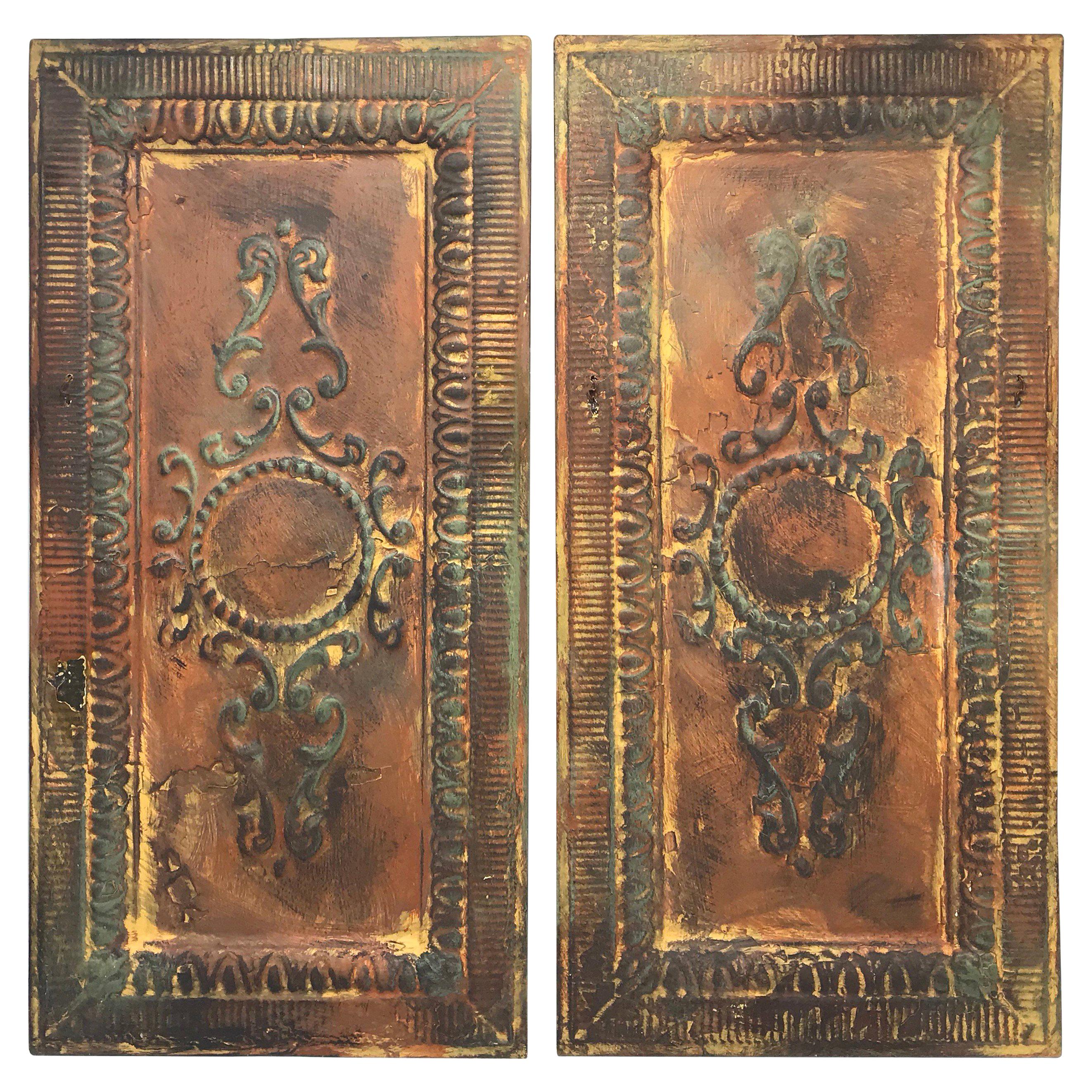 Early 20th Century Architectural Reclaimed Raised-Tin Tole Wall Plaques, Pair