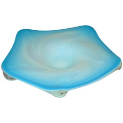 Murano Glass Hand Blown Blue White and Clear Bowl Catchall Italy (verre soufflé à la main, bleu, blanc et transparent)