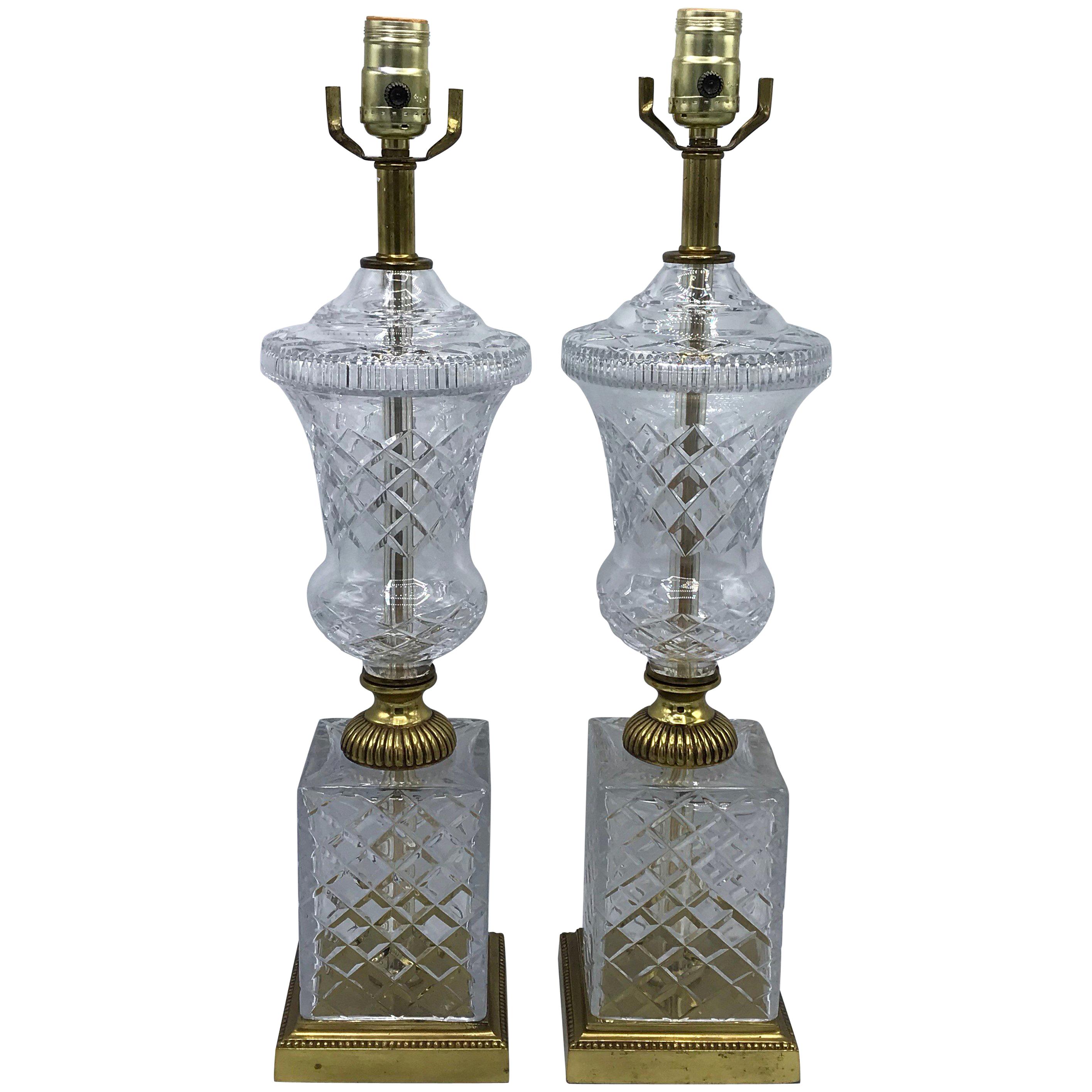 1940s French Crystal and Brass Lamps, Pair