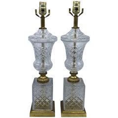 1940s French Crystal and Brass Lamps, Pair