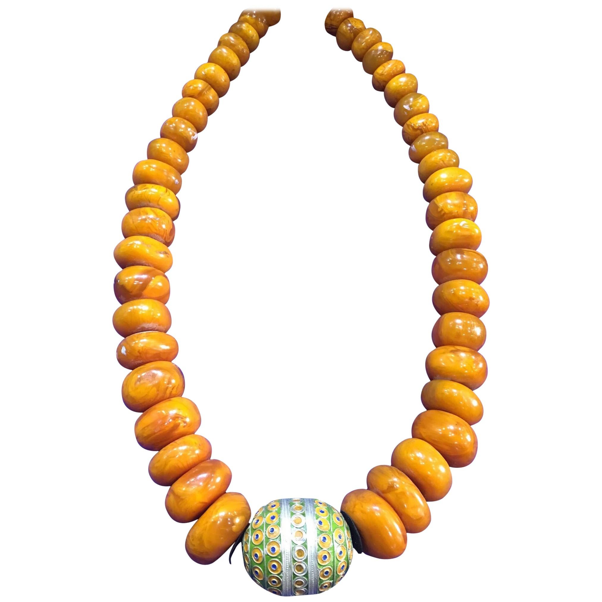 1960s Amber Copal Moroccan Statement Necklace, Large Silver Enamel Egg Bead For Sale