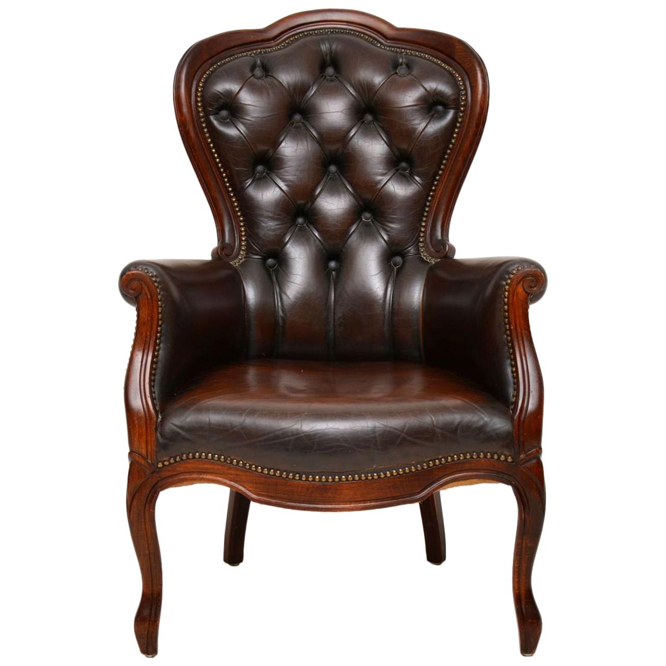 Antique Victorian Style Leather and Mahogany Armchair