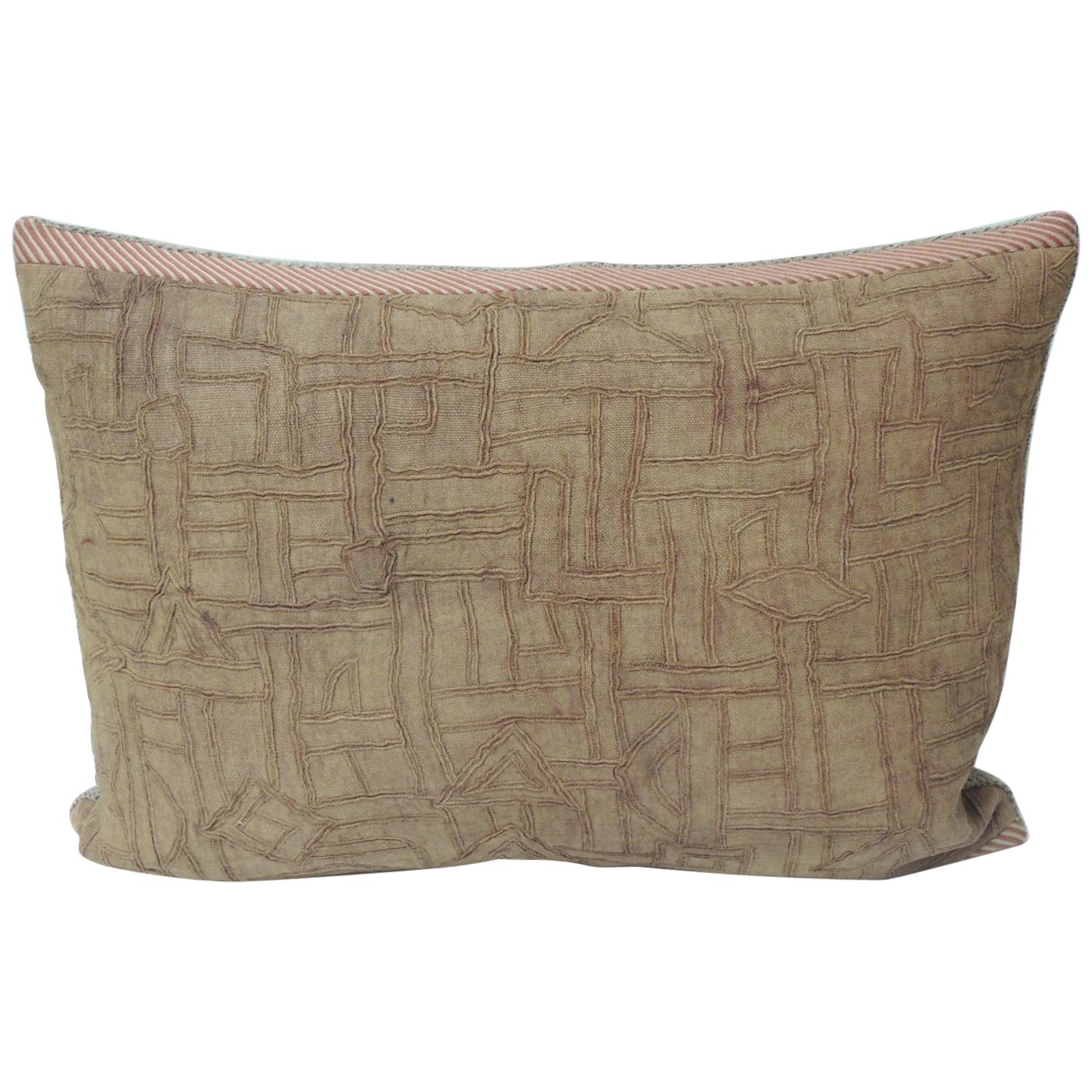 Vintage Dusty Pink Raffia Kuba Tribal Design Decorative Bolster Pillow
