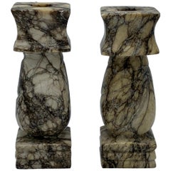 1960s Italian White and Black Marble Column Candlesticks, Pair