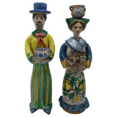 1960s Italian Polychrome Terracotta Figural Sculpture Candlesticks, Pair