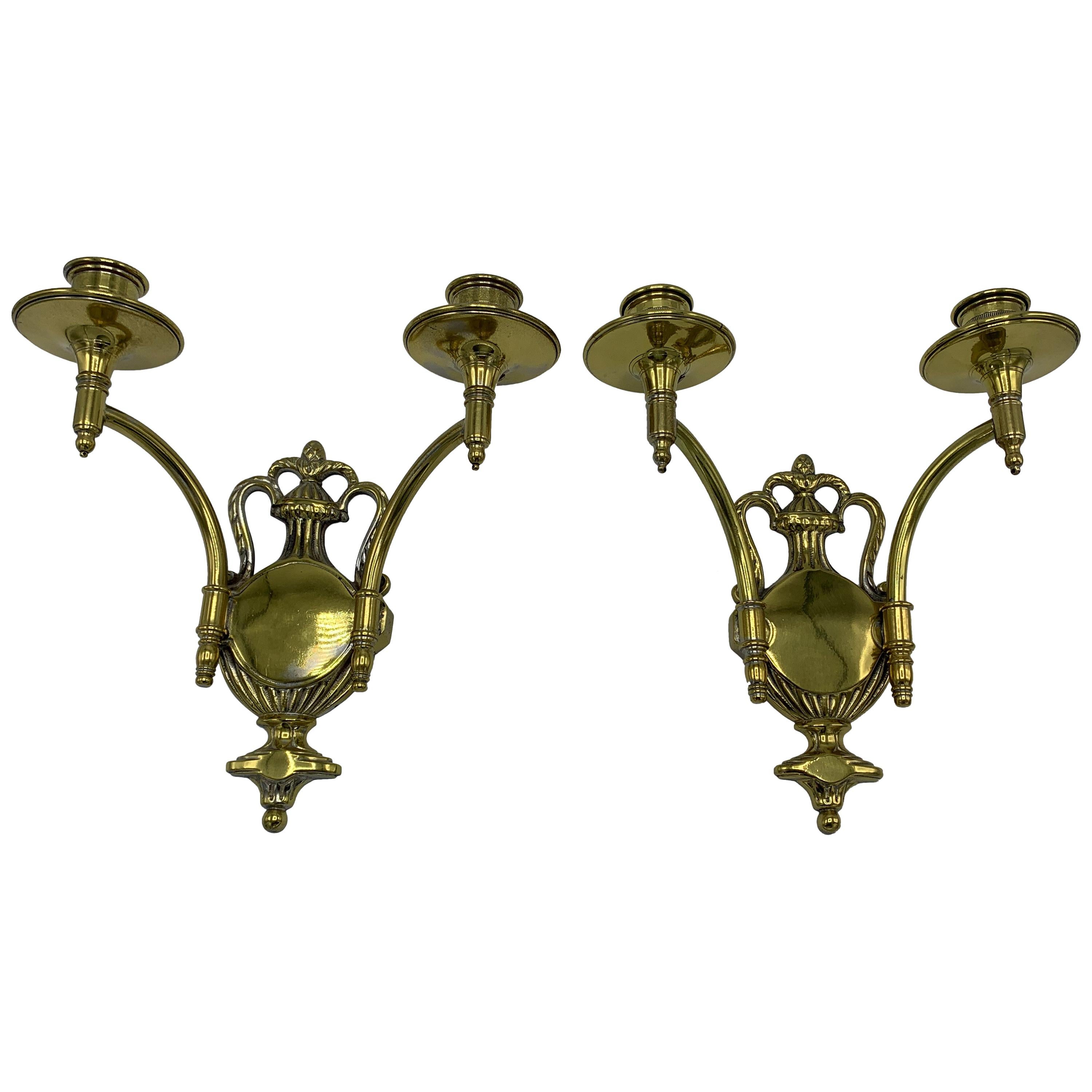 1960s Brass Shield Candlestick Wall Sconces, Pair