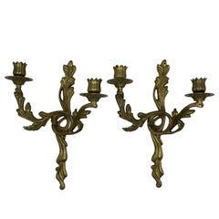 1970s Brass Acanthus Leaf Candlestick Wall Sconces, Pair