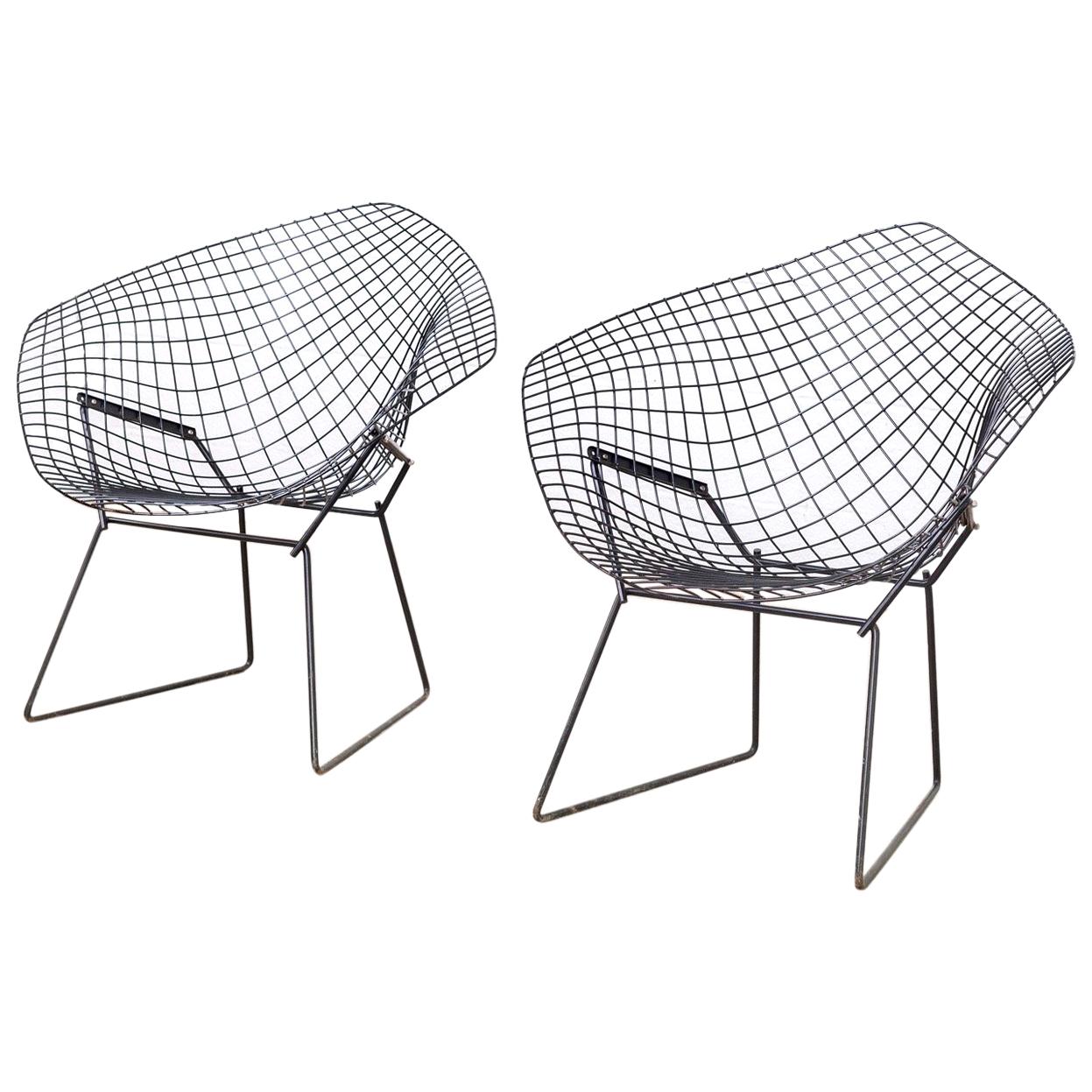 Pair of Vintage Midcentury Harry Bertoia for Knoll Black Diamond Wire Chairs For Sale