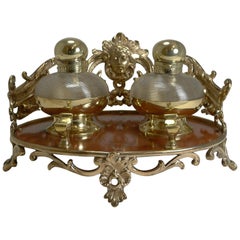 Antique English Bronze, Brass and Glass Inkstand / Inkwell, circa 1870 Victorian