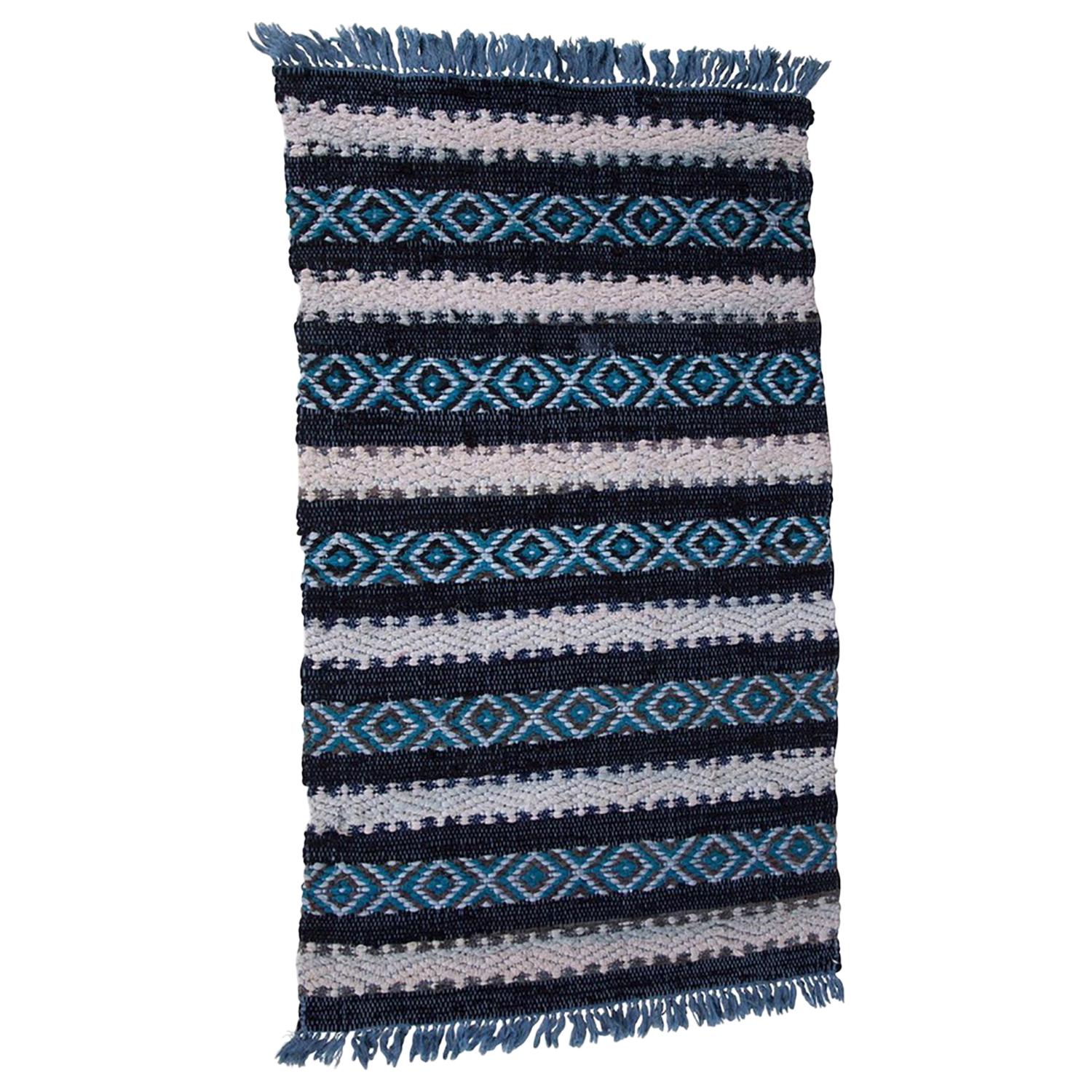 20th Century Diamond Patterned Blue White and Black Swedish Handwoven Cotton Rug
