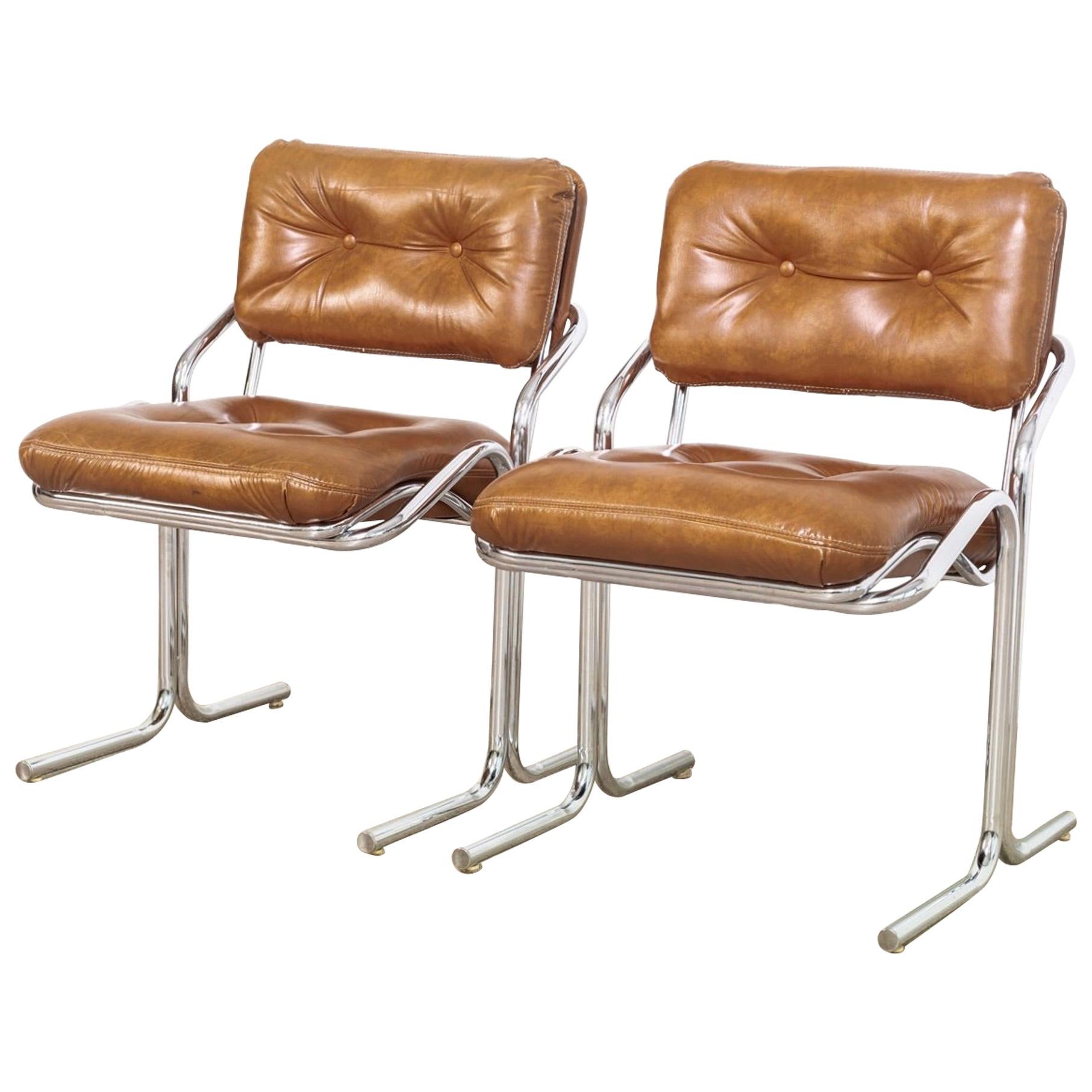 Midcentury Cal-Style Chrome and Brown Naugahyde Side Chairs