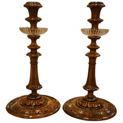 Pair of  19thc Carved Walnut Candlesticks with brass sockets & glass drip pans