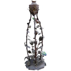 Rare French Art Nouveau Bronze Floor Lamp with Embossed Leaves, Flowers & Birds