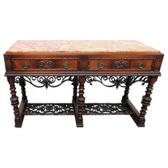 Spanish Iron Scrollwork Marble Top Buffet Server Sideboard