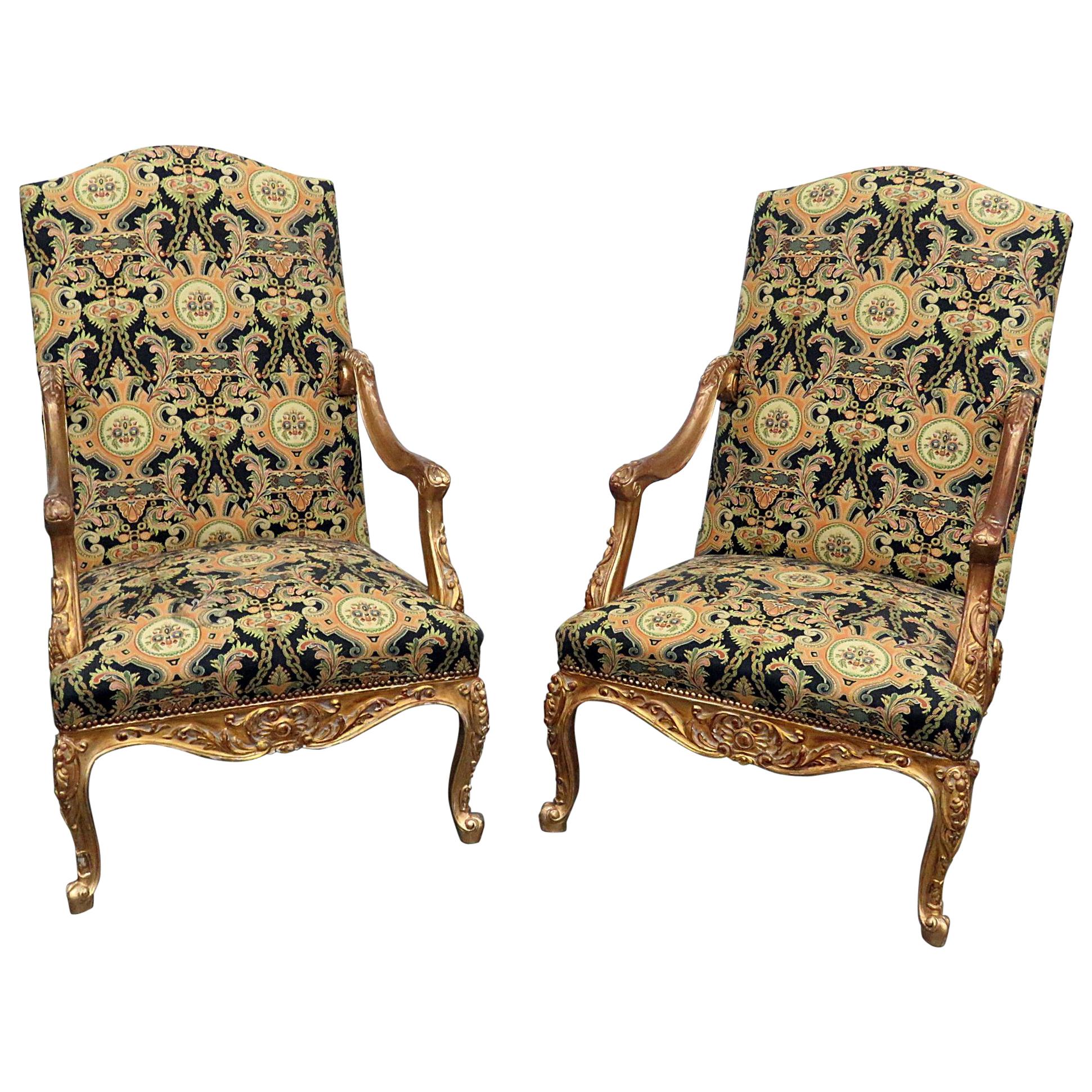 Pair of Antique Distressed Gilded Louis XVI Style Tapestry Armchairs