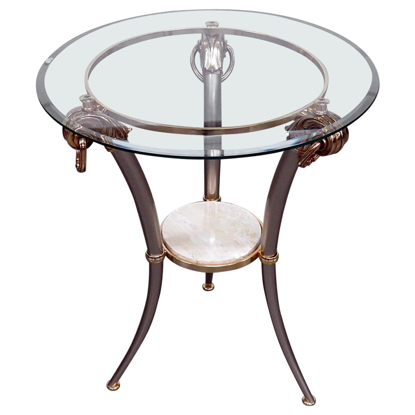 Regency Style Steel Brass Marble and Glass Top Side Table