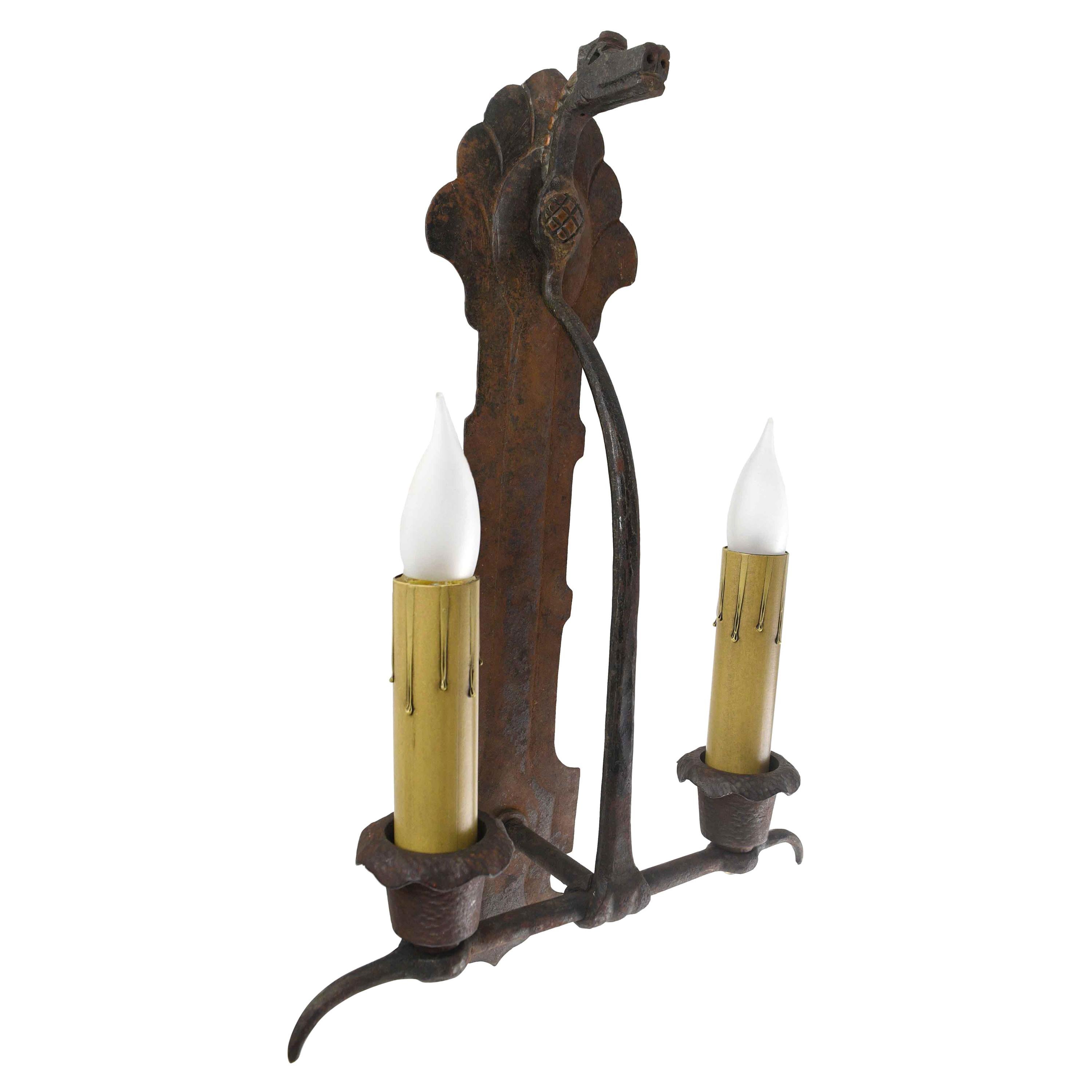 Iron and Bronze Oscar Bach 2 Candle Dragon Sconce For Sale