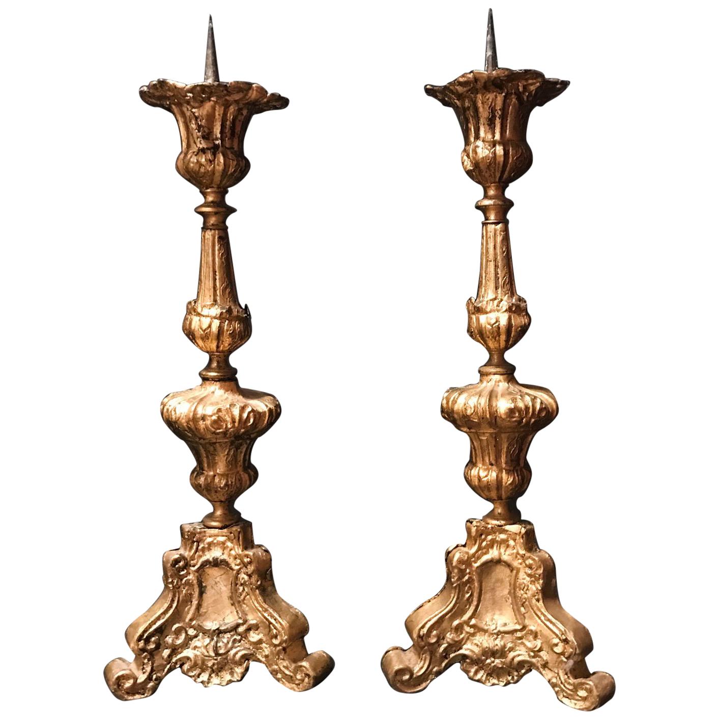 Pair of 17th Century Baroque Gilded Brass Pricket Candlesticks