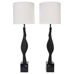 Monumental Pair of Laurel Lamp Co. Sculpted Black Ebonized Wood Table Lamps