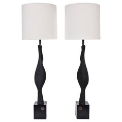 Monumental Pair of Laurel Lamp Co. Sculpted Black Ebonized Wood Table Lamps
